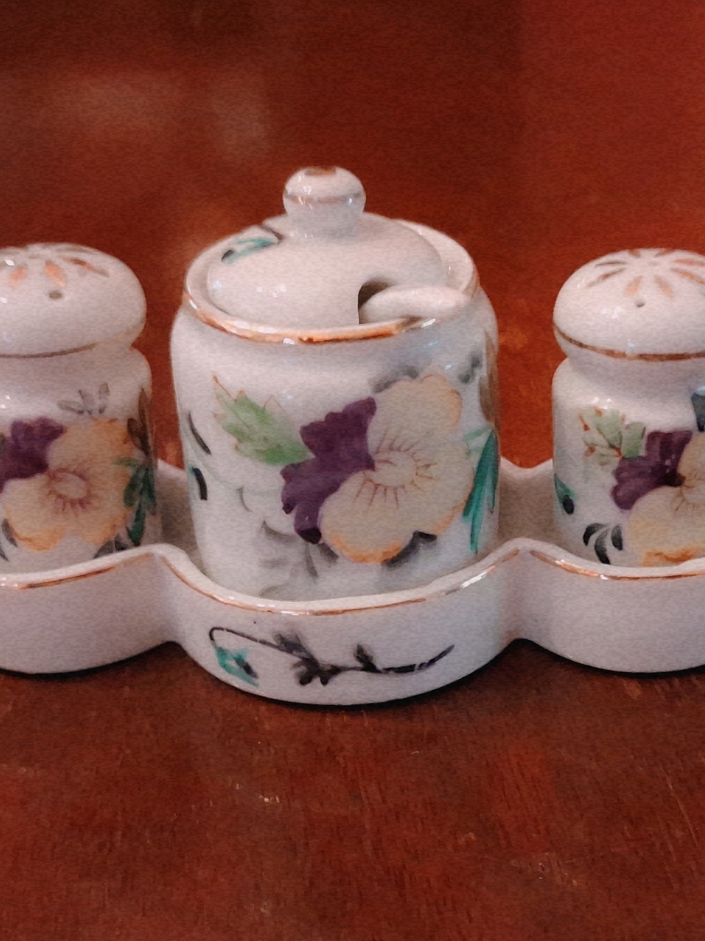 Noritake Floral Porcelain Condiment Set in White, Purple, Green, Gold Trim